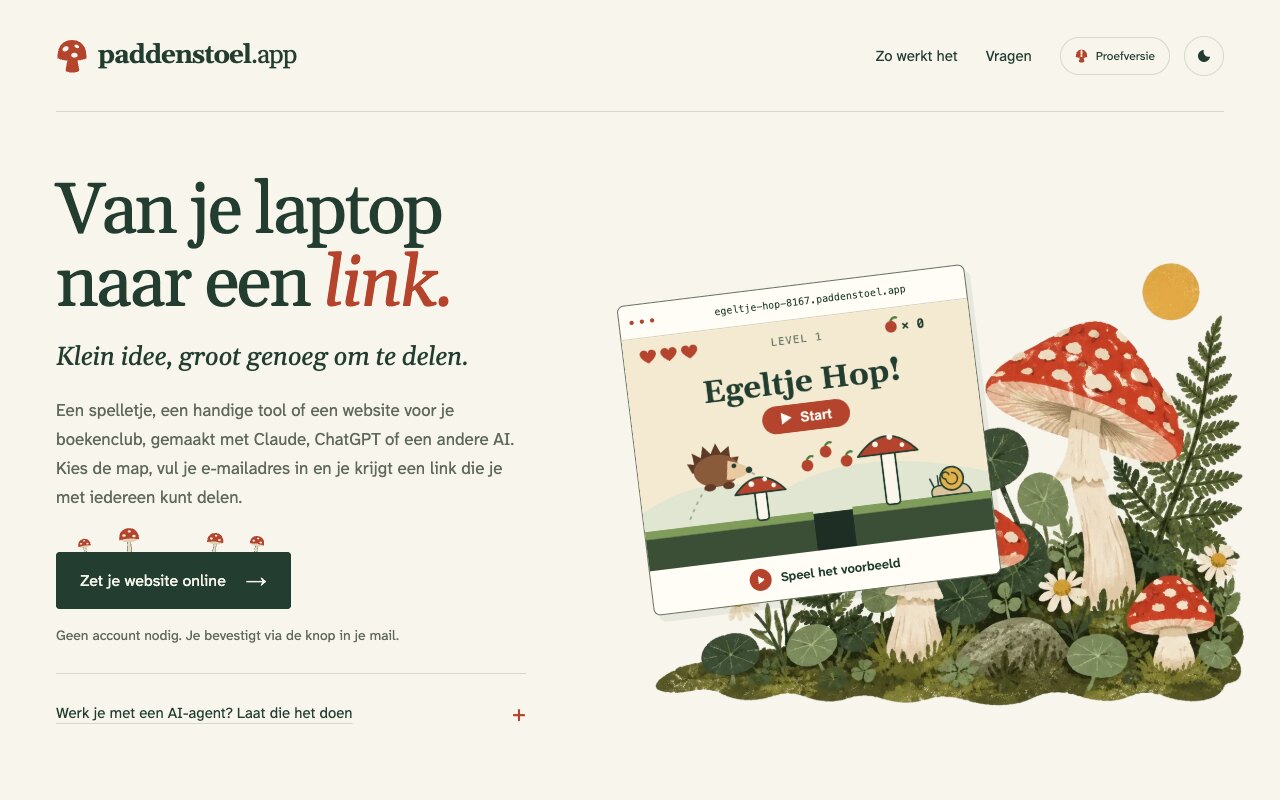 De homepage van paddenstoel.app met de kop 'Van je laptop naar een link.' en een voorbeeldsite, het spelletje Egeltje Hop, tussen de paddenstoelen.